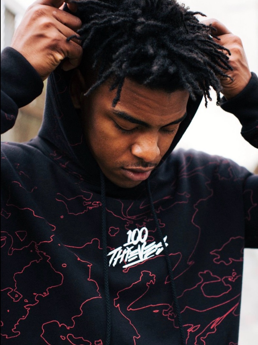 100 Thieves Rare Black Hoodie with Red Graphic Accents